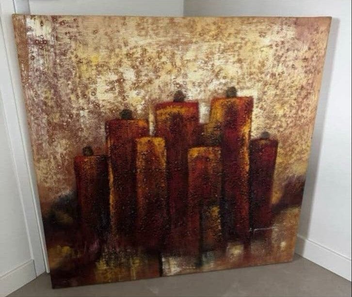 Groot modern schilderij met abstracte vormen. 100 x 100 cm, Ophalen, Abstract, Textiel, Gesigneerd