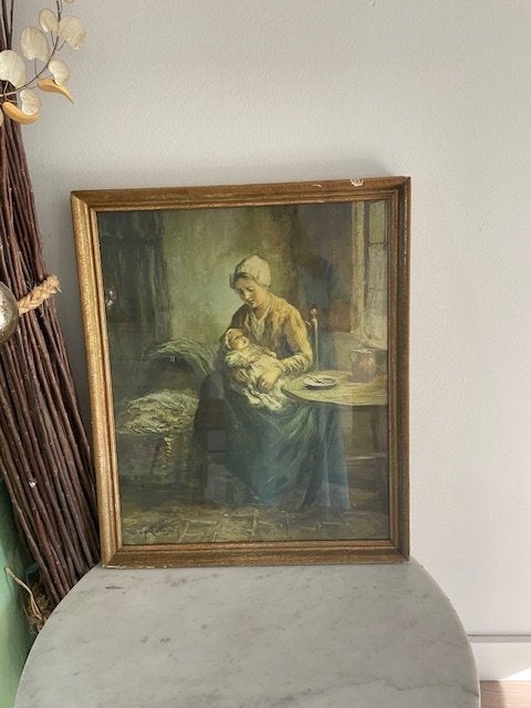 Vintage ingelijste klassieke afbeelding moeder en kind., Ophalen, Gebruikt, Schilderij, Meerkleurig