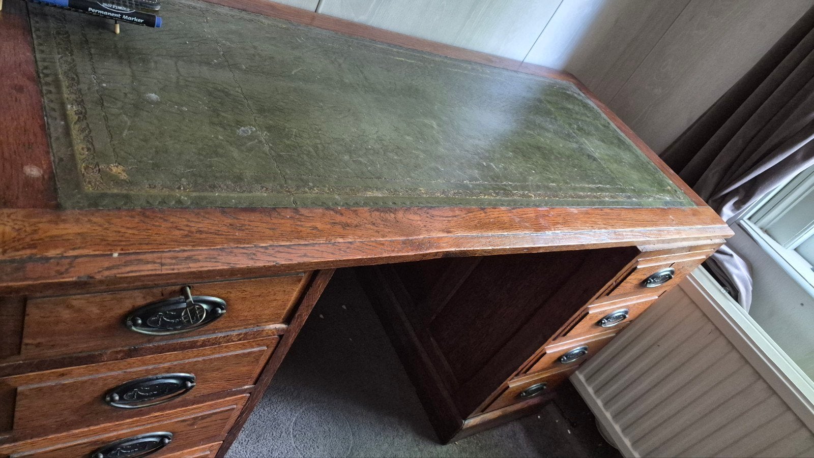 Antiek Eiken Bureau met Groen Leren Blad, Antiek en Kunst, Antiek | Kantoor en Zakelijk, Ophalen