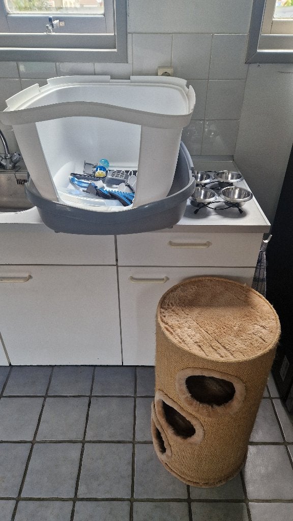 Complete inboedel katten: grote kattenbak, krabton, bakjes, Dieren en Toebehoren, Ophalen, Gebruikt, Gesloten