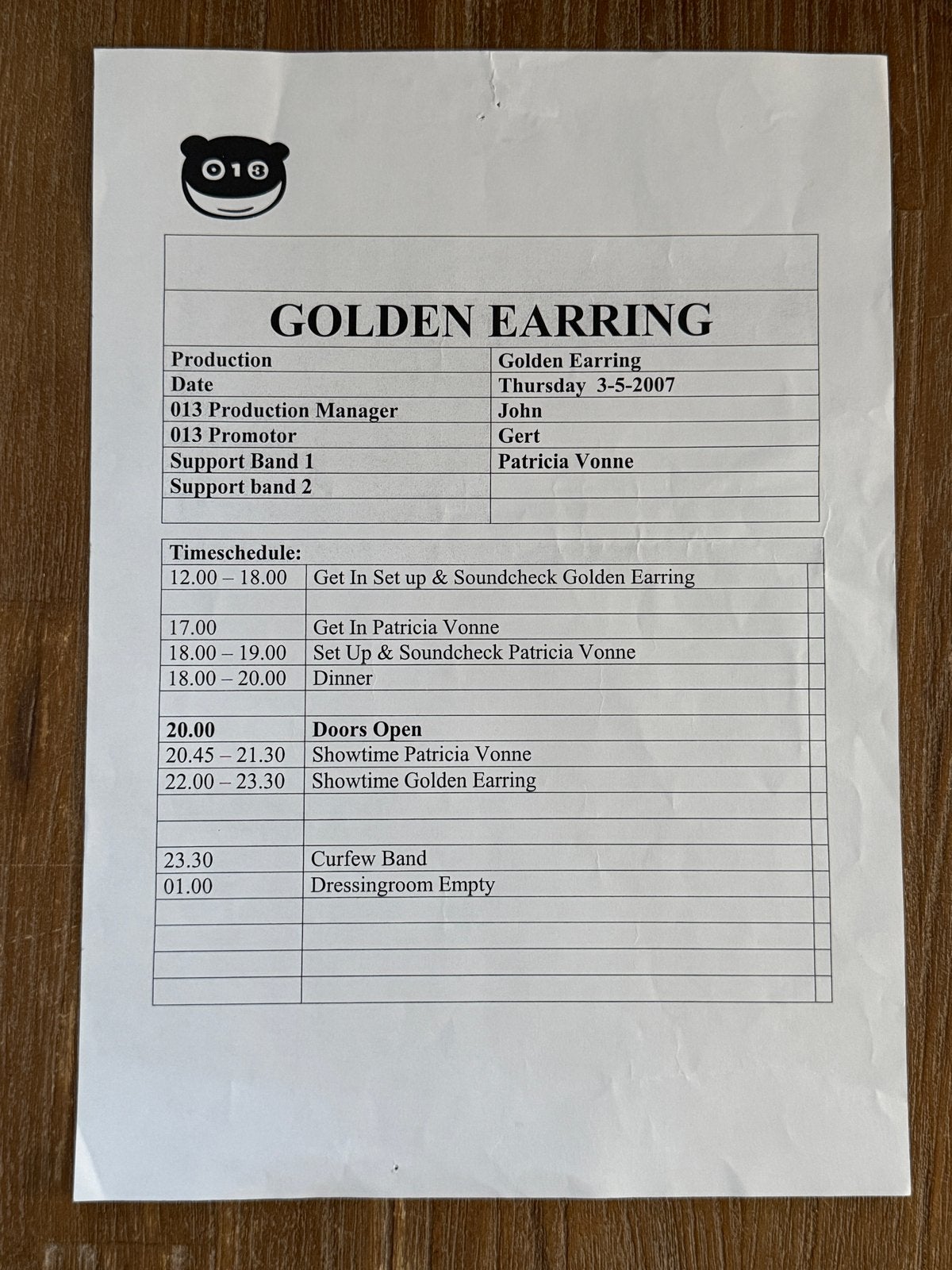 Productie sheet poppodium 013 Golden Earring Patricia Vonne, Verzamelen, Muziek, Artiesten en Beroemdheden, Ophalen of Verzenden