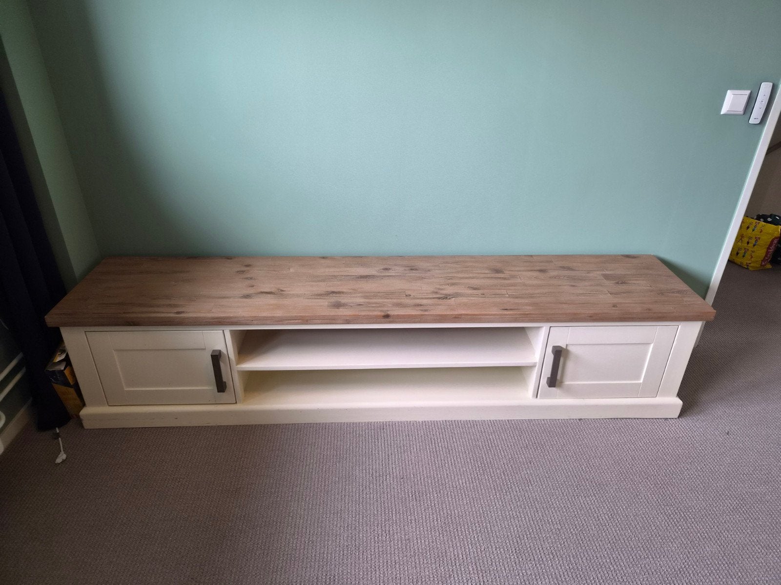 Pronto TV meubel acaciahout met twee opbergkastjes, Ophalen, Gebruikt, 150 tot 200 cm, Landelijke, moderne stijl