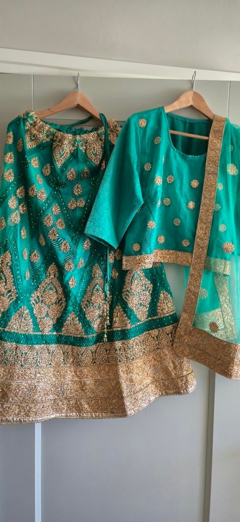 Prachtige Indiase Lehenga Choli - Groen met Goud Borduurwerk, Kleding | Dames, Gelegenheidskleding, Overige typen, Maat 42/44 (L)