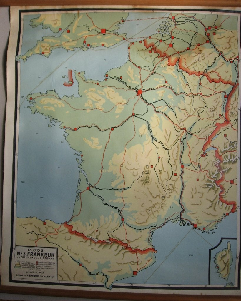 Blinde landkaart van Frankrijk, P. Noordhoff jaren 30/50, Ophalen of Verzenden, 1800 tot 2000, Nederland, Landkaart