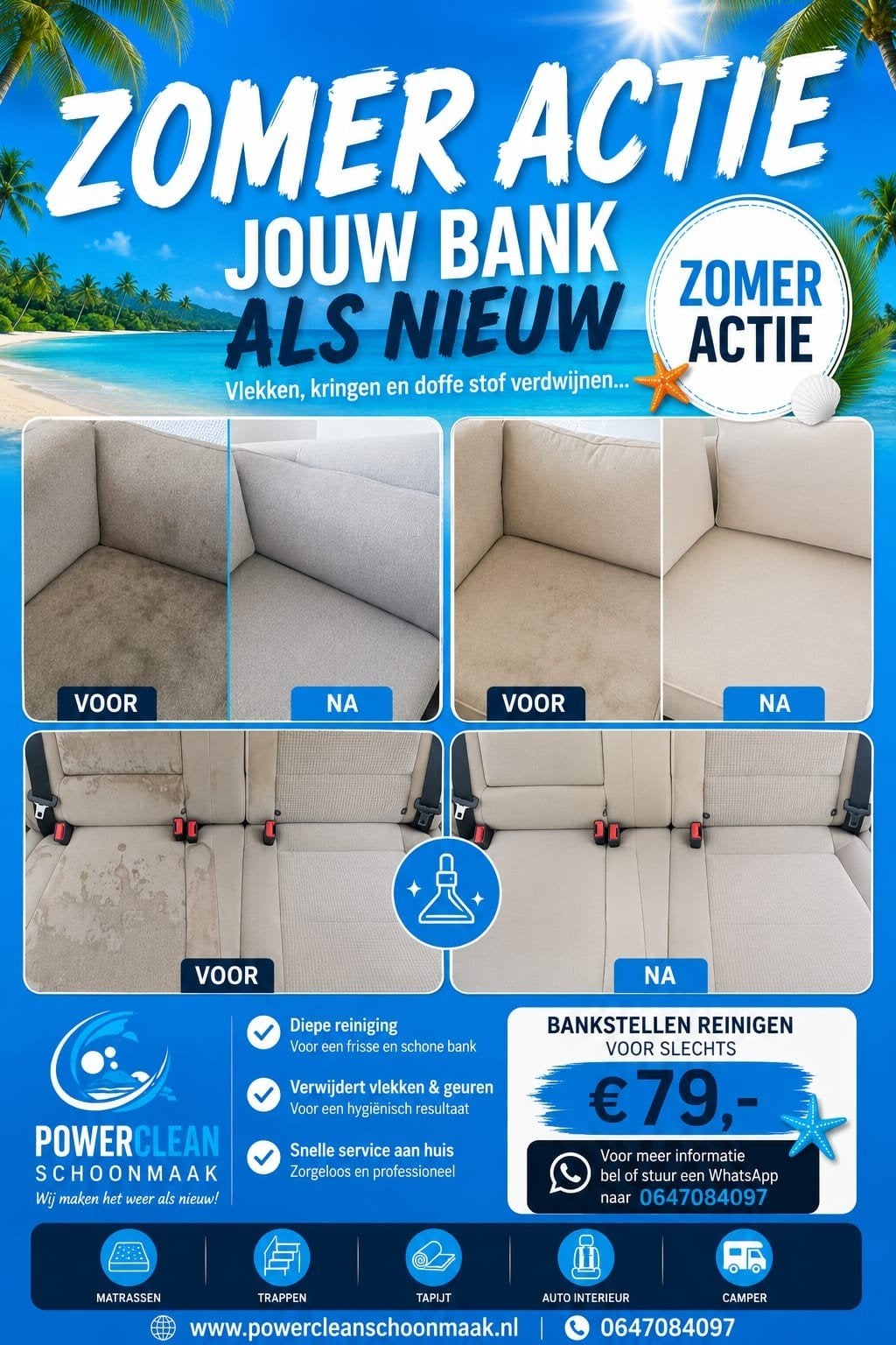 Zomer Actie bankstellen reinigen Actie voor slechts 79 euro, Ophalen, Nieuw, Vierpersoons of meer
