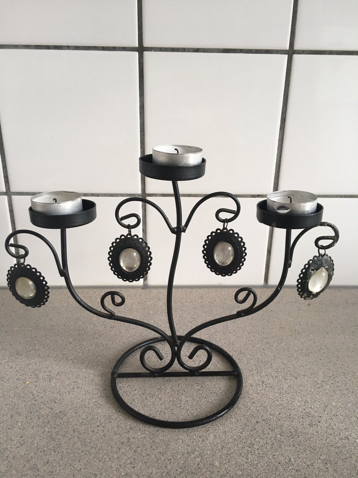 Brocante kandelaar zwart met hangers, Zwart, Ophalen of Verzenden, Zo goed als nieuw, Metaal