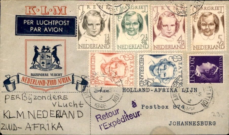 Zuid-Afrika - Kinderzegels - Frankering - 1946 - KLM, Verzenden, Envelop