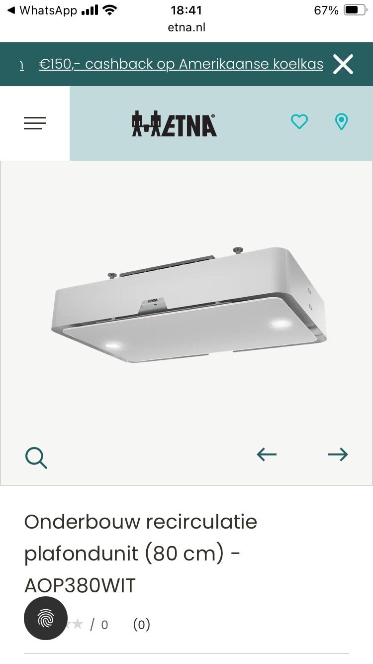 AETNA AOP380WIT plafondunit 80 cm – 1 jaar gebruikt, Ophalen, Onderbouw afzuigkap, Zo goed als nieuw, Inbouw