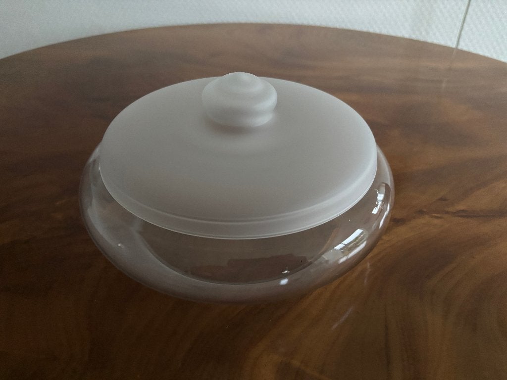 Vintage glazen koekdoos met melkglazen deksel Leerdam., Antiek en Kunst, Antiek | Glas en Kristal, Ophalen of Verzenden