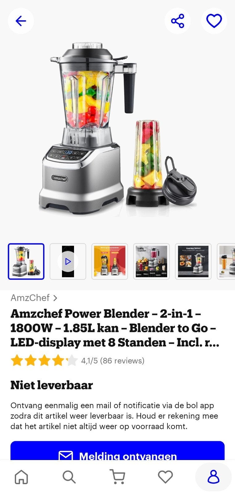 Amzchef Power Blender - 2-in-1 - 1800W - 1.85L kan, Ophalen