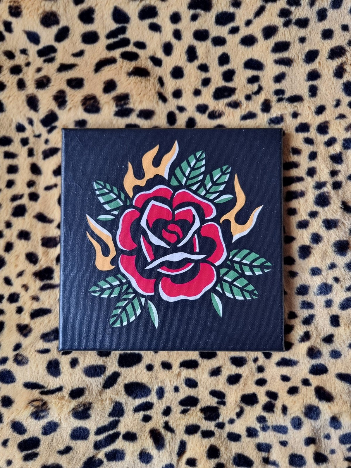 20x20 cm Handgeschilderd schilderijtje tattoo bloem, Ophalen of Verzenden, Handgeschilderd, Acrylverf, Bloemen