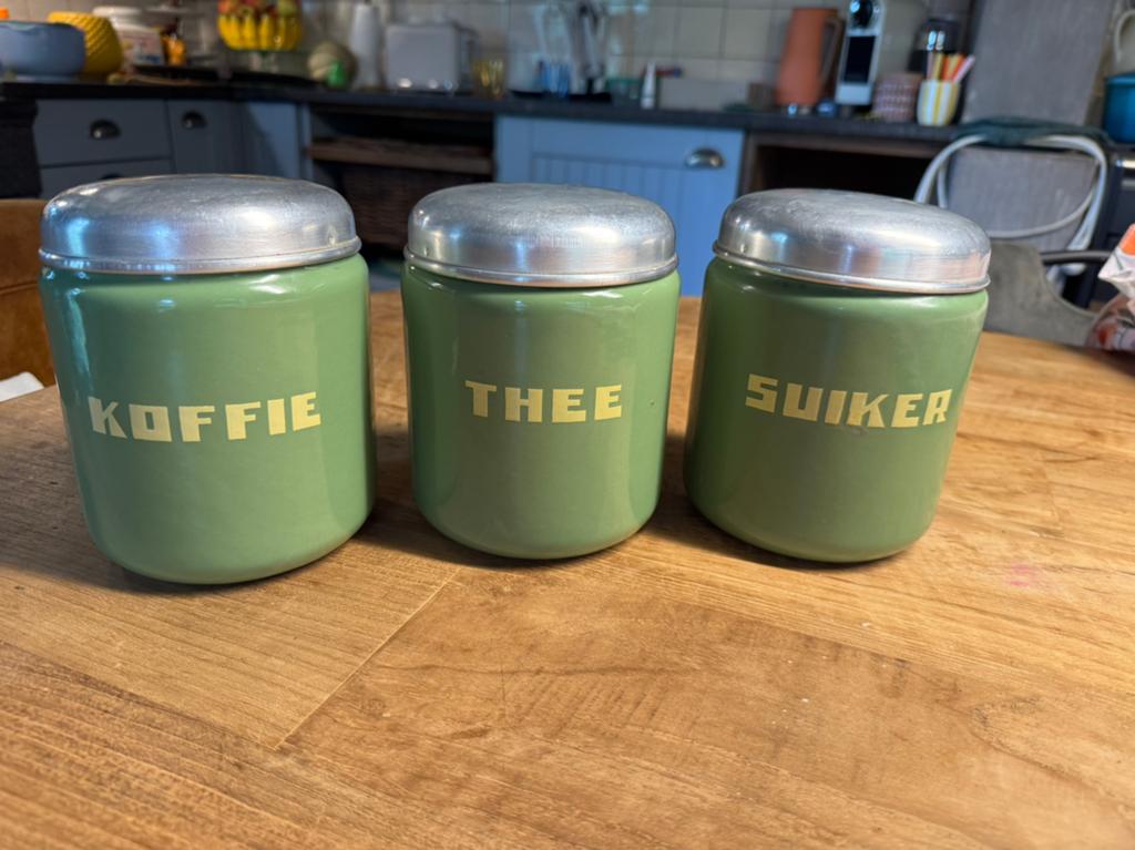 Koffie thee en suiker blikken emaille, Antiek en Kunst, Ophalen of Verzenden