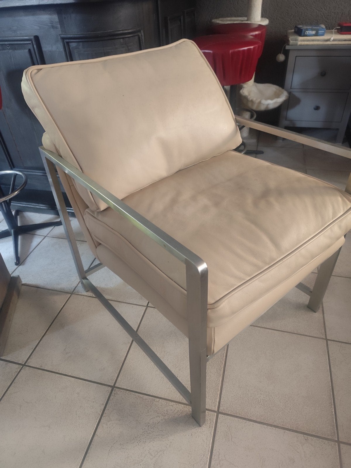 Design fauteuil Rofra, echt leer, roomwit, Ophalen, Gebruikt, Design, 75 tot 100 cm