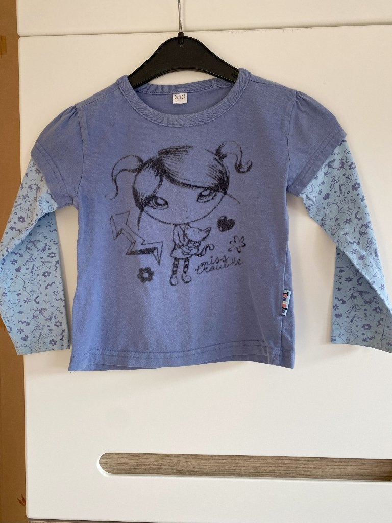 Tshirt Miss Trouble Zeeman Blauw Maat 98 104, Zeeman, Gebruikt, Meisje, Ophalen of Verzenden