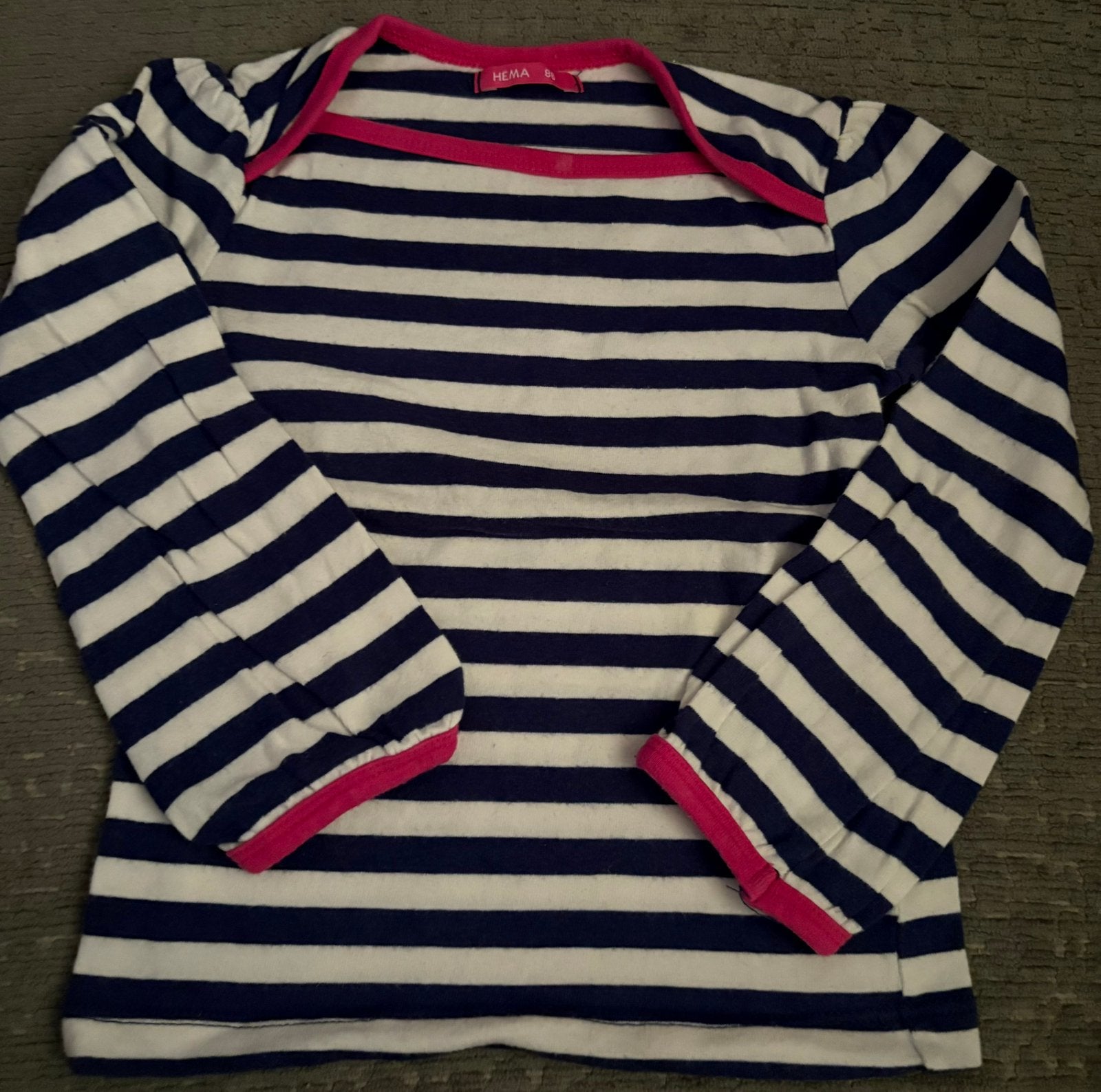 Blauw/wit gestreept shirtje met roze accenten, maat 86, Hema, Kinderen en Baby's, Kinderkleding | Maat 92, Ophalen of Verzenden