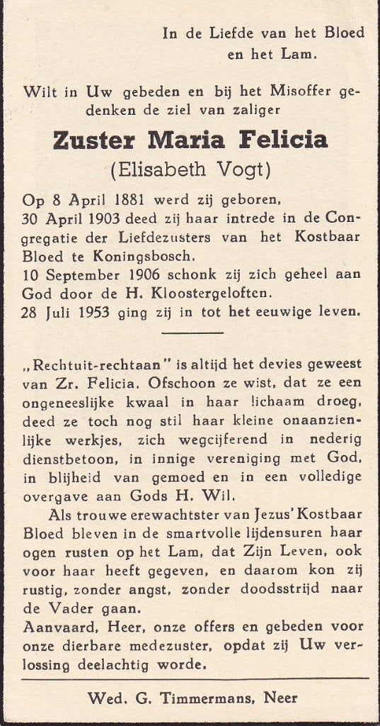 Vogt Elisabeth 1881  - 1953   zuster, Verzamelen, Bidprentjes en Rouwkaarten, Ophalen of Verzenden, Bidprentje