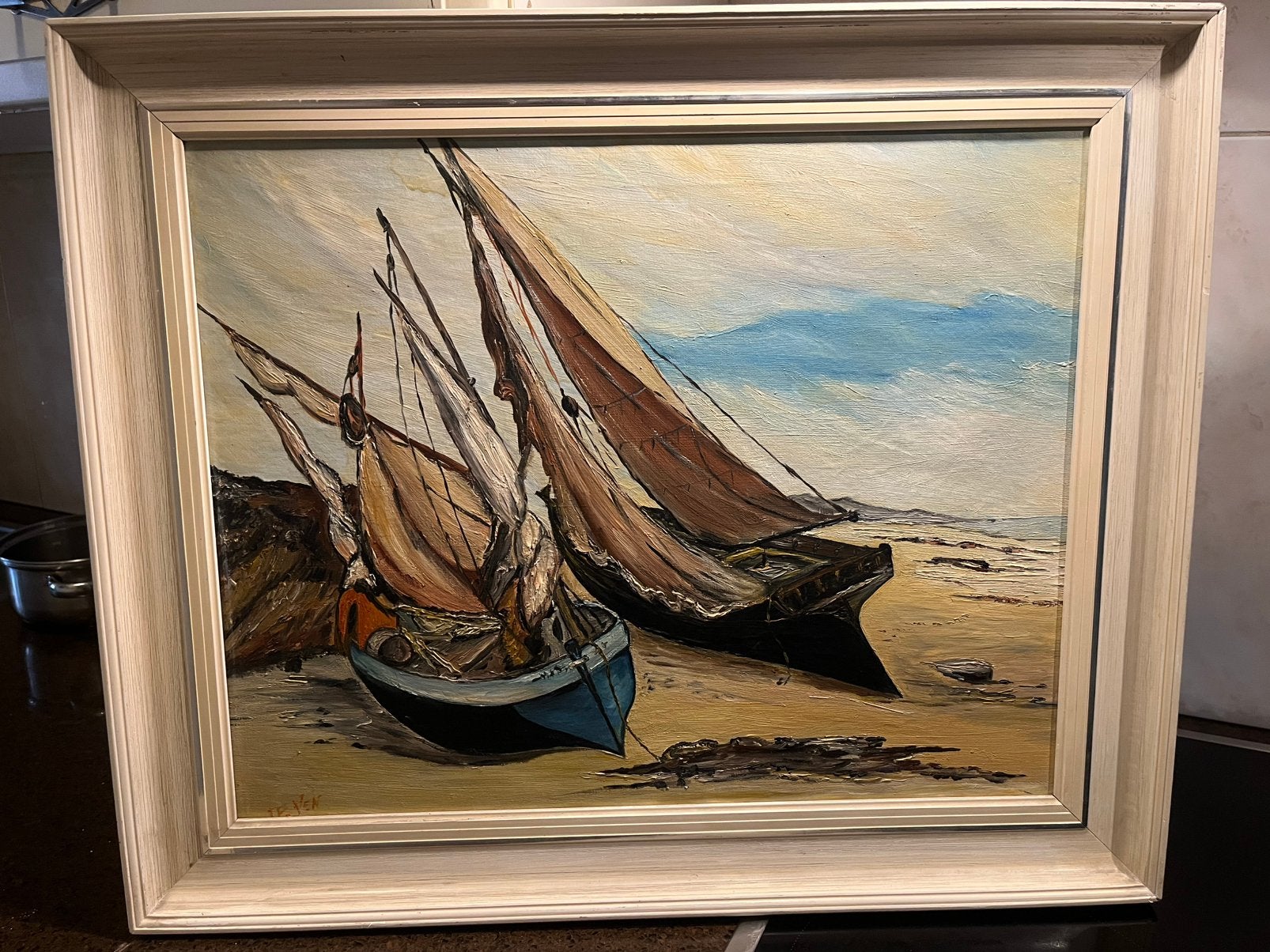 Oud olieverf schilderij met boten, Ophalen