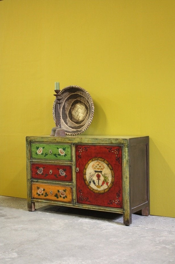 Stoer Gekleurd Oud Houten Dressoir Werelds Kastje Kast Uniek, Uniek Stoer Boho Kleurrijk Vintage Landelijk Retro Oosters Ibiza