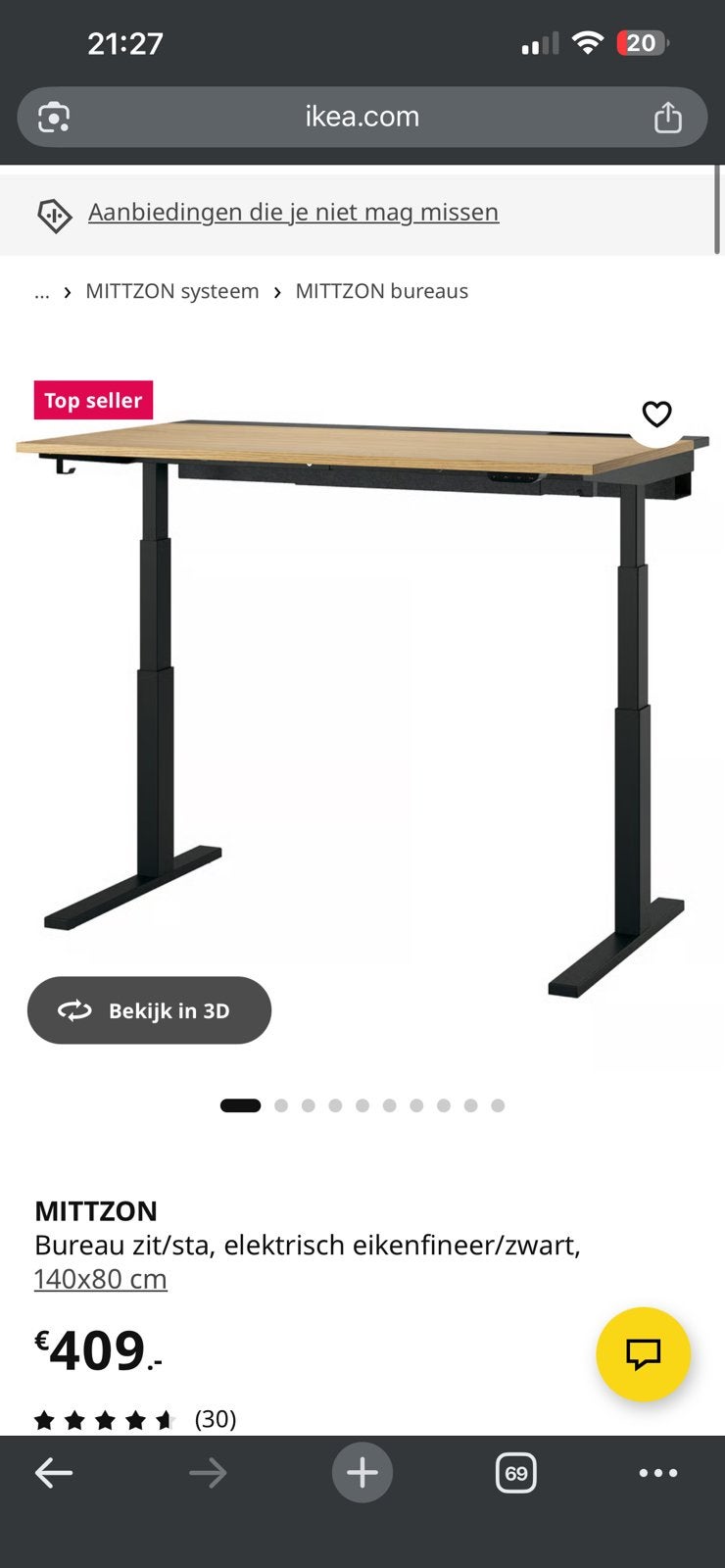 ikea mittzon zit/sta electrisch bureau zgan, Ophalen, Zo goed als nieuw