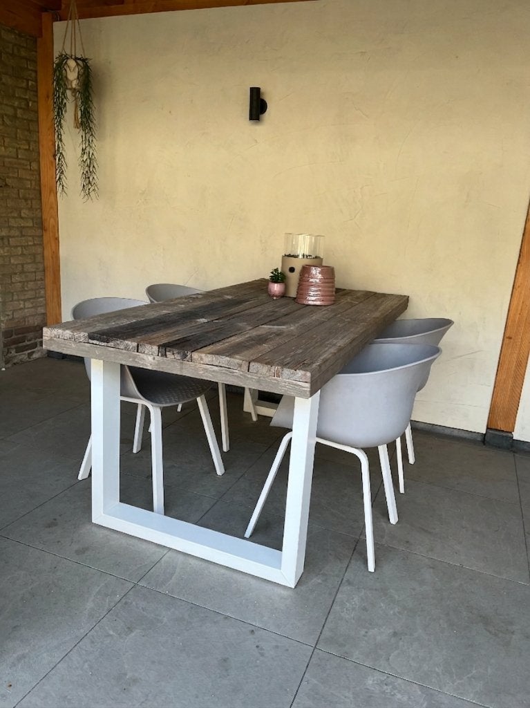 Steigerhouten / Staal Tuintafel + 4 Dining stoelen, Ophalen, 4 zitplaatsen, Gebruikt, Steigerhout