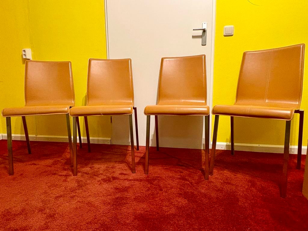4 Pedrali Kuadra 1291 designstoelen in leer en staal, Ophalen, Gebruikt, Overige kleuren, Leer