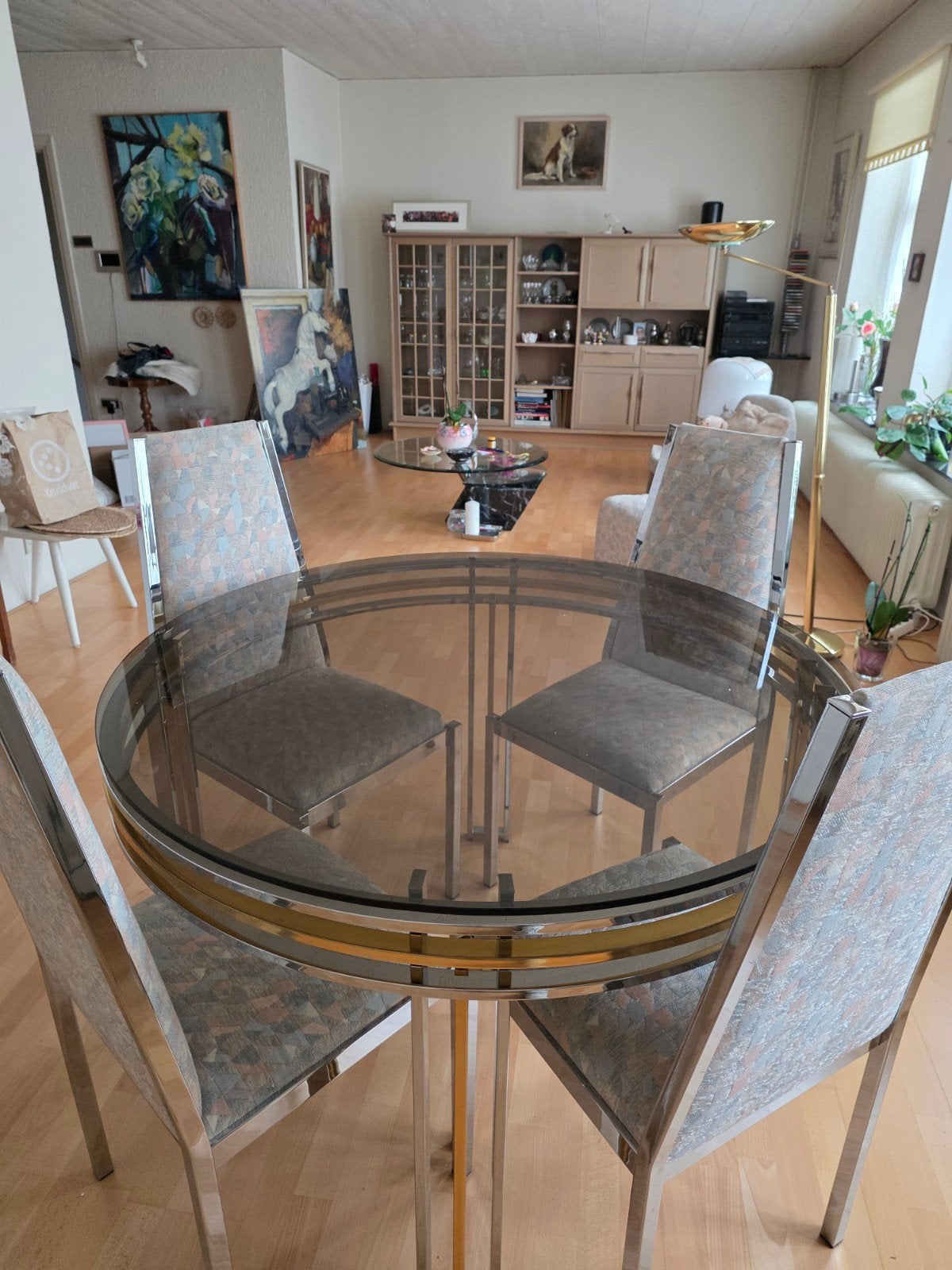 Glazen eettafel met 4 stoelen - Modern design, Huis en Inrichting, Gebruikt, Rond, Ophalen of Verzenden, Glas