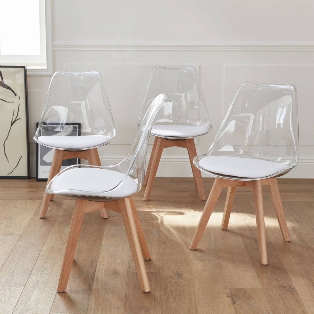 Set van 4 design eetkamerstoelen - Transparant met hout, Wit, Zo goed als nieuw, Vier, Ophalen