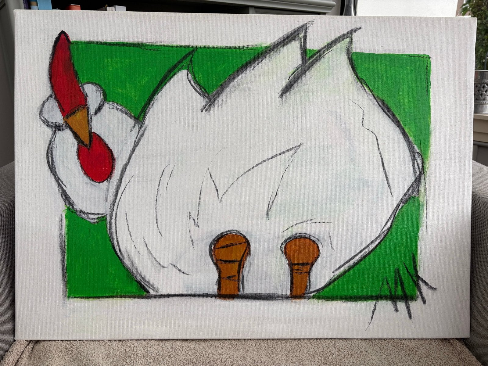 Grappig Kippen Kunstwerk op Doek - Handgeschilderd, Antiek en Kunst, Acrylverf, Overige stijlen, Doek, Dieren