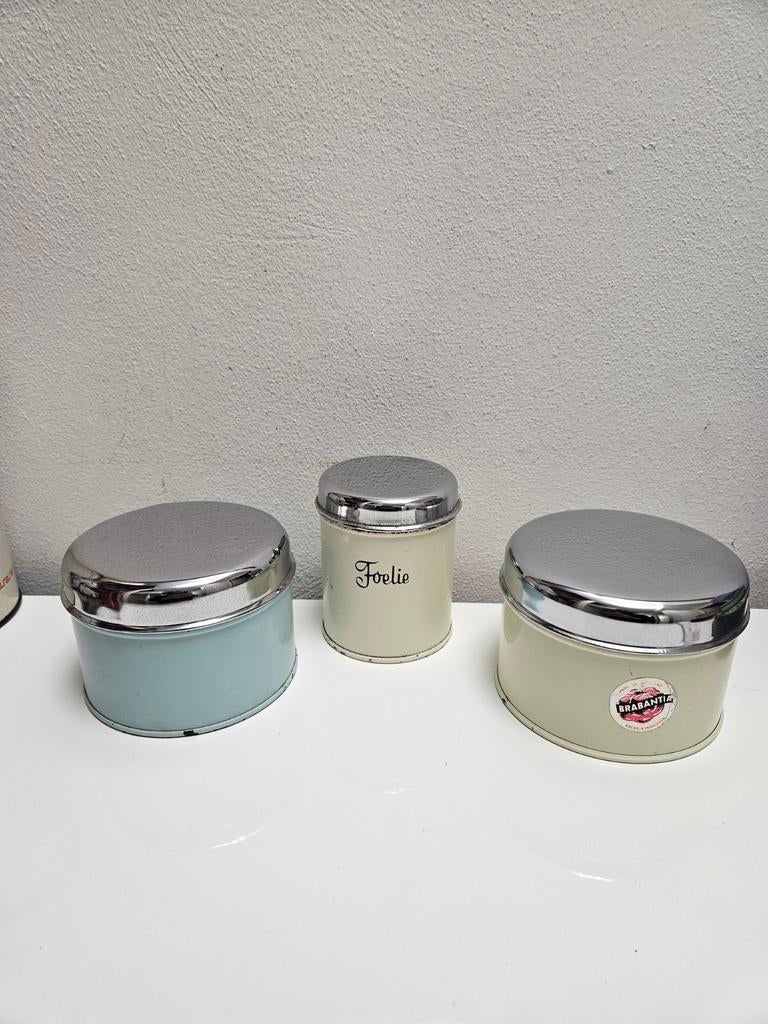 Vintage Brabantia blikken set 3 pastel blauw crème Foelie, Ophalen of Verzenden