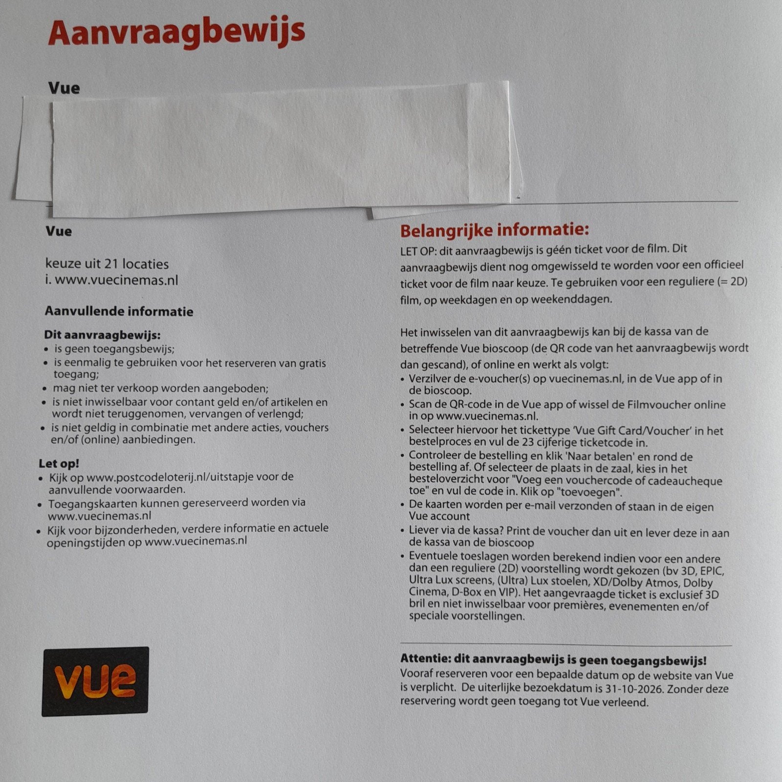 Vue Cinema voucher ticket bon kaartje, Eén persoon, Niet van toepassing, Vrijkaartje specifieke film