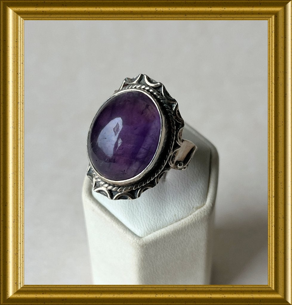 Zilveren ring met paarse steen, amethist, Sieraden, Tassen en Uiterlijk, Antieke sieraden, Ophalen of Verzenden, Zilver, Ring