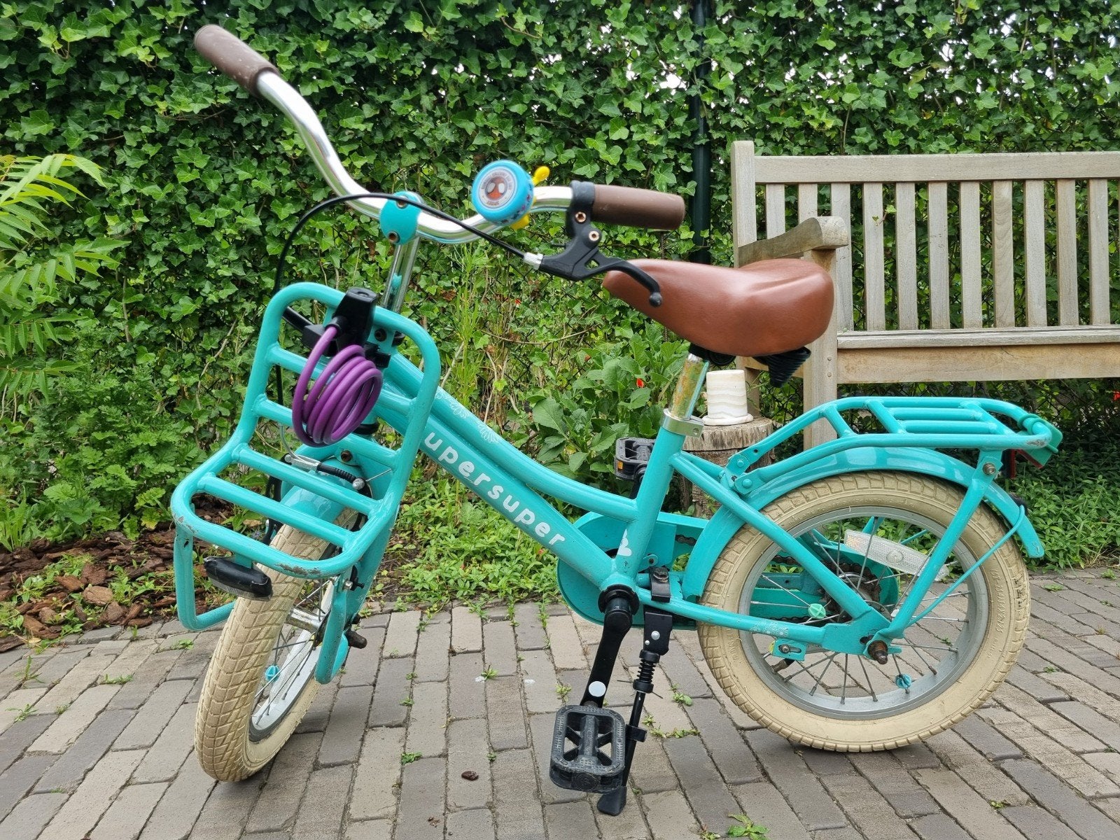 Supersuper Cooper Kinderfiets 14 inch - Turquoise, Fietsen en Brommers, Fietsen | Kinderfietsjes, Ophalen, Gebruikt, Minder dan 16 inch