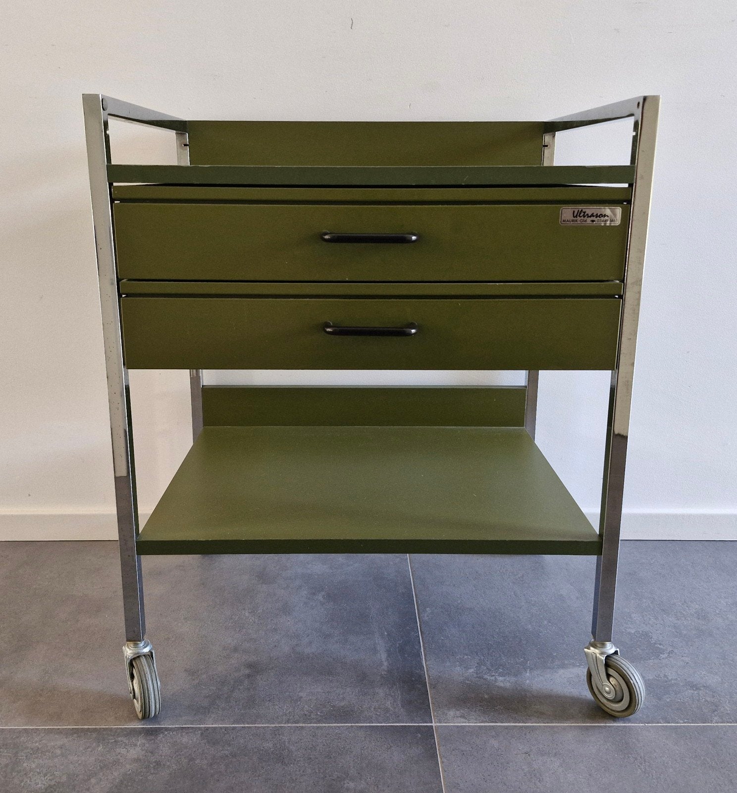 vintage trolley op zwenkwielen, groen met chroom, Ophalen