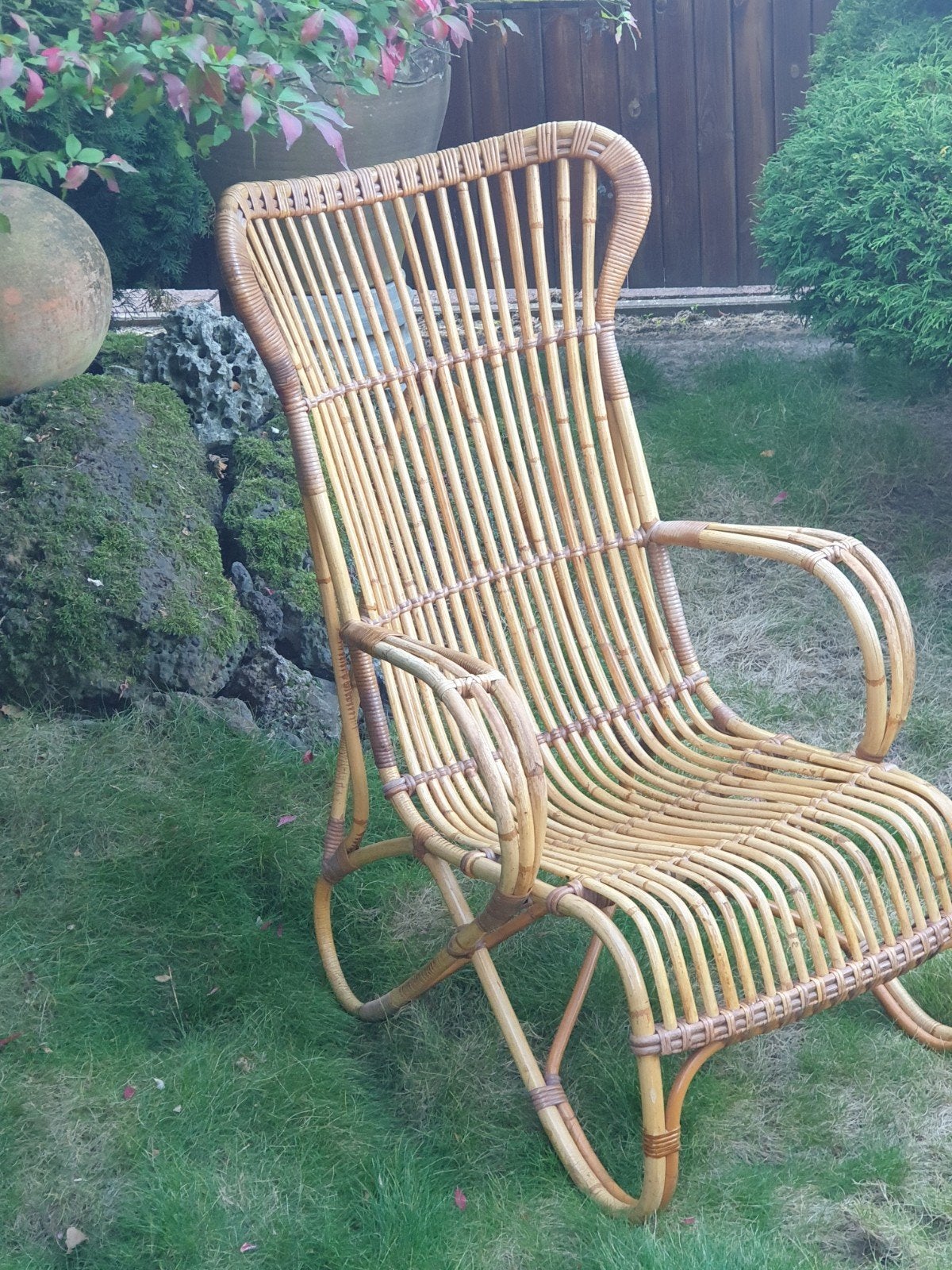 Unieke Hoge Rotan Rohé Oorfauteuil, Ophalen, Rotan