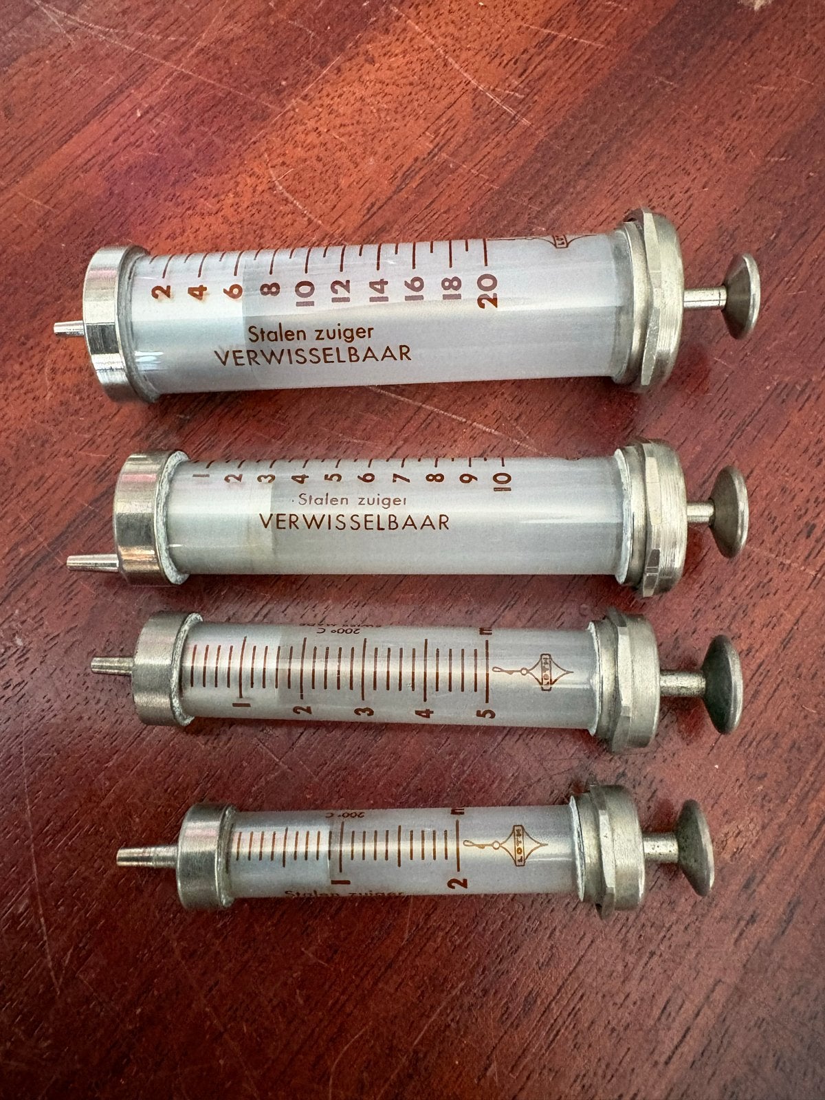 Set van 4 vintage medische spuiten (glas en metaal), Ophalen, Gebruikt