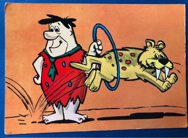 Fred Flintstone met Baby Puss / getekende kaart 1963, Ophalen of Verzenden, 1960 tot 1980, Gelopen, Overige thema's