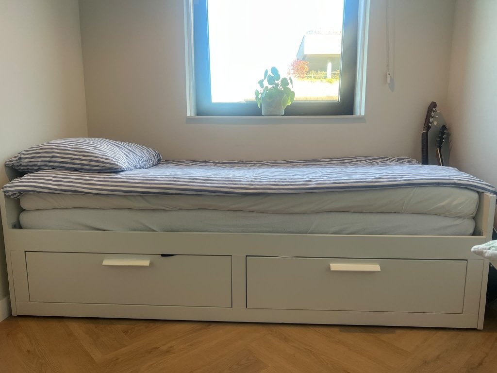 Uitschuifbaar Bed incl. lattenbodems & matrassen, Ophalen, Verstelbaar, Wit, 200 cm