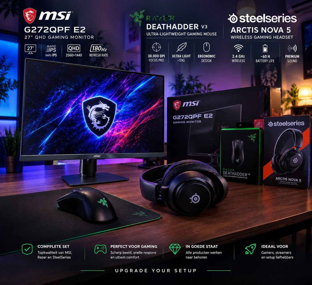 Gaming Set Screen/Mouse/HS – MSI 180Hz + Razer + SteelSeries, Gebruikt, IPS, Ophalen, Gaming