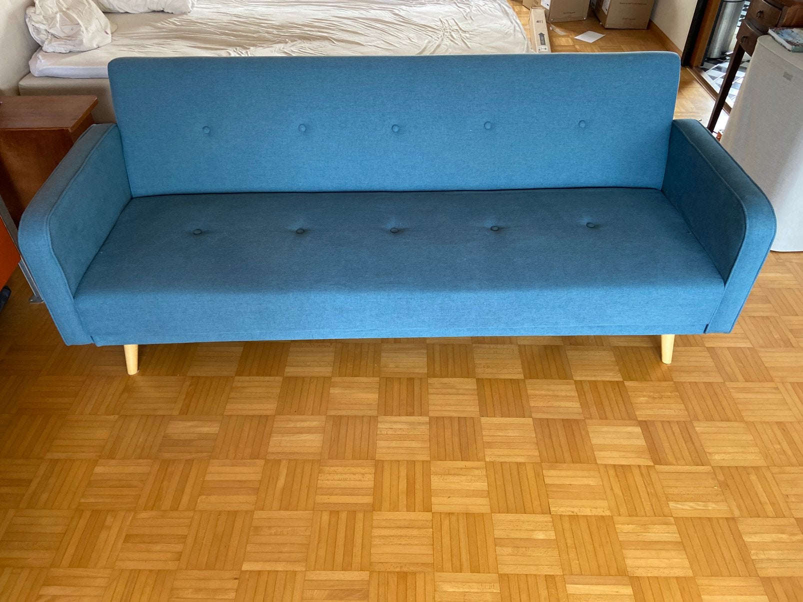 Retro stijl, blauwe slaapbank zgan + passend matrasje, Ophalen, Zo goed als nieuw, Eenpersoons, Blauw