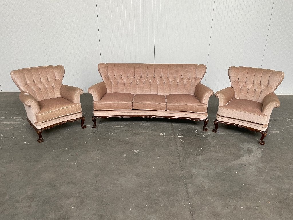Bank 3 zits + Stoelen Vintage Retro Mohair Gecapitonneerd, Antiek en Kunst, Antiek | Meubels | Stoelen en Banken, Ophalen