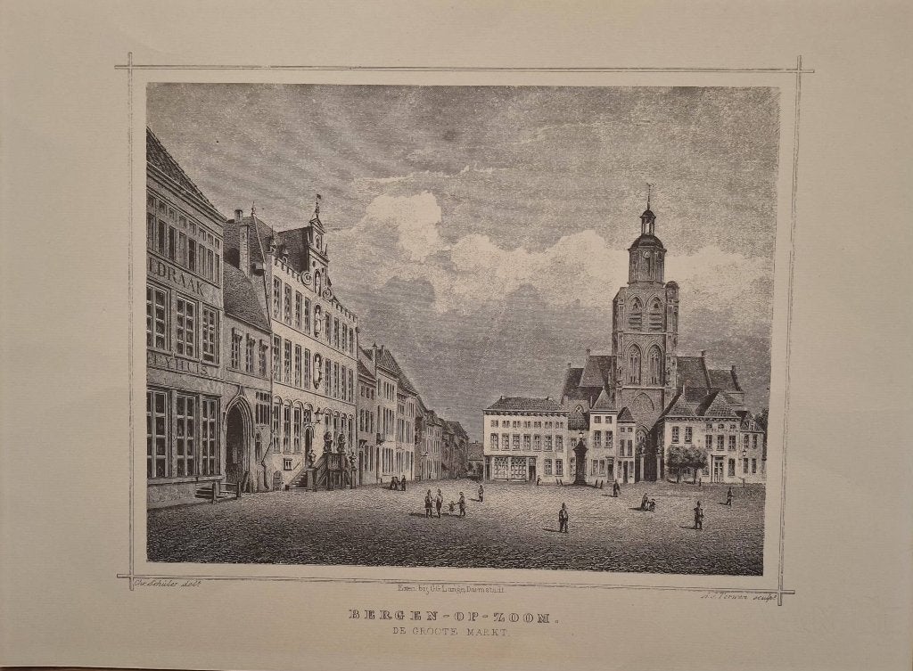 Antieke staalgravure De Groote Markt, Bergen op Zoom, 1800 - 1899, Architectuur, 29 cm, Ophalen of Verzenden