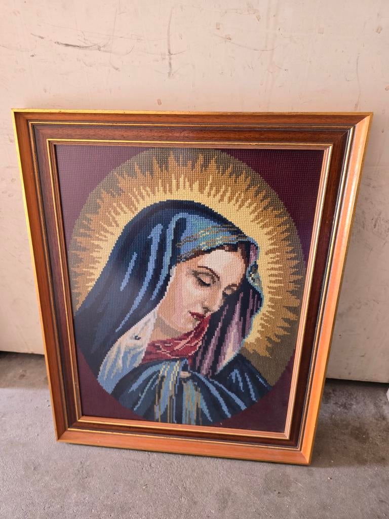 Geborduurde maria afbeelding., Antiek en Kunst, Antiek | Religie, Ophalen