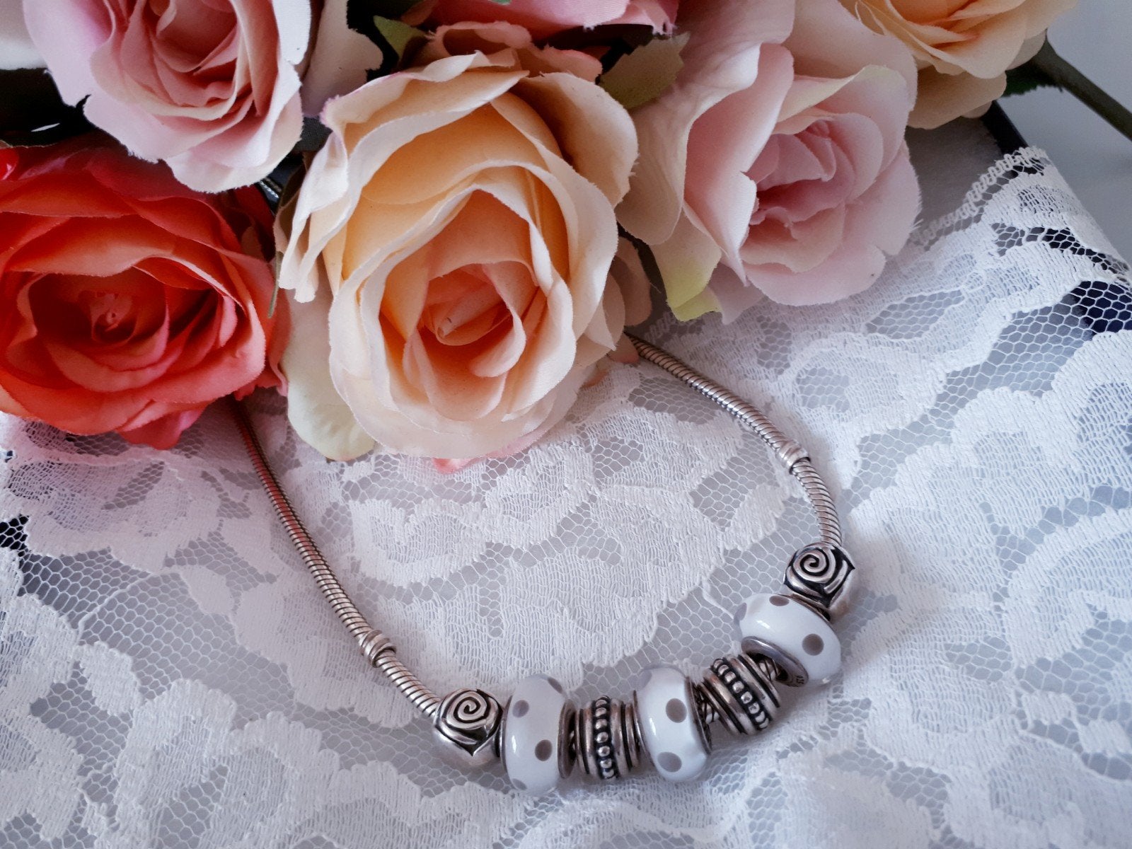 3 X Originele Pandora bedel Murano wit/grijs dots, Ophalen of Verzenden, Zo goed als nieuw, Glas of Kristal, Pandora