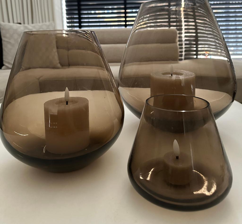 Luxe 3-delige Tasman Windlichten Set - Smokey Taupe, Huis en Inrichting, Overige kleuren, Ophalen of Verzenden, Minder dan 50 cm