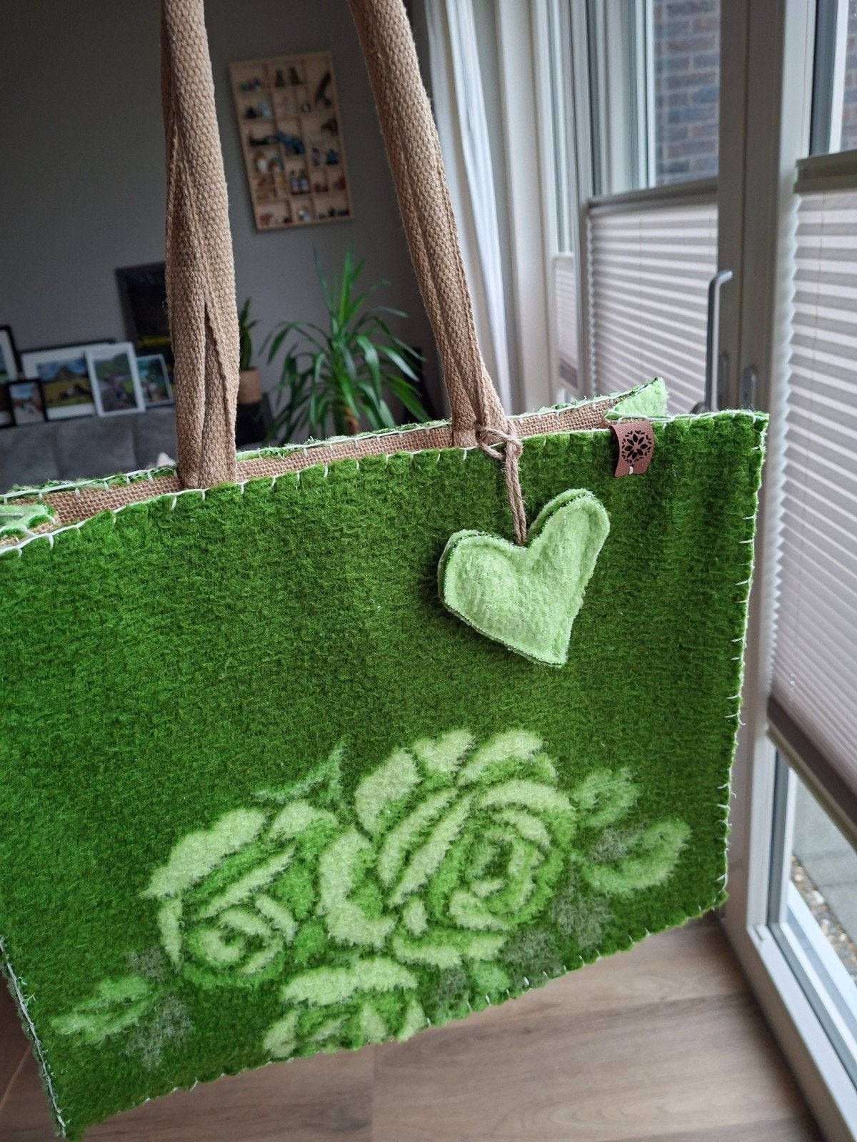 Groene wollen dekentas met rozenpatroon, Ophalen of Verzenden, Zo goed als nieuw, Groen, Shopper