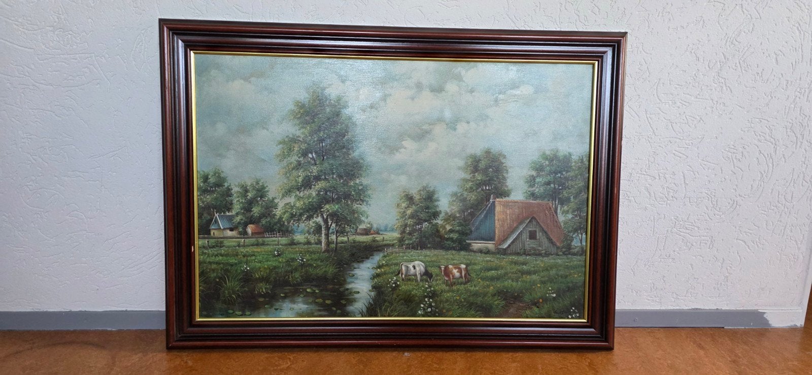 Schilderij met Hollands Landschap en Koeien - Gesigneerd, Ophalen, Doek, Landschap, Klassiek