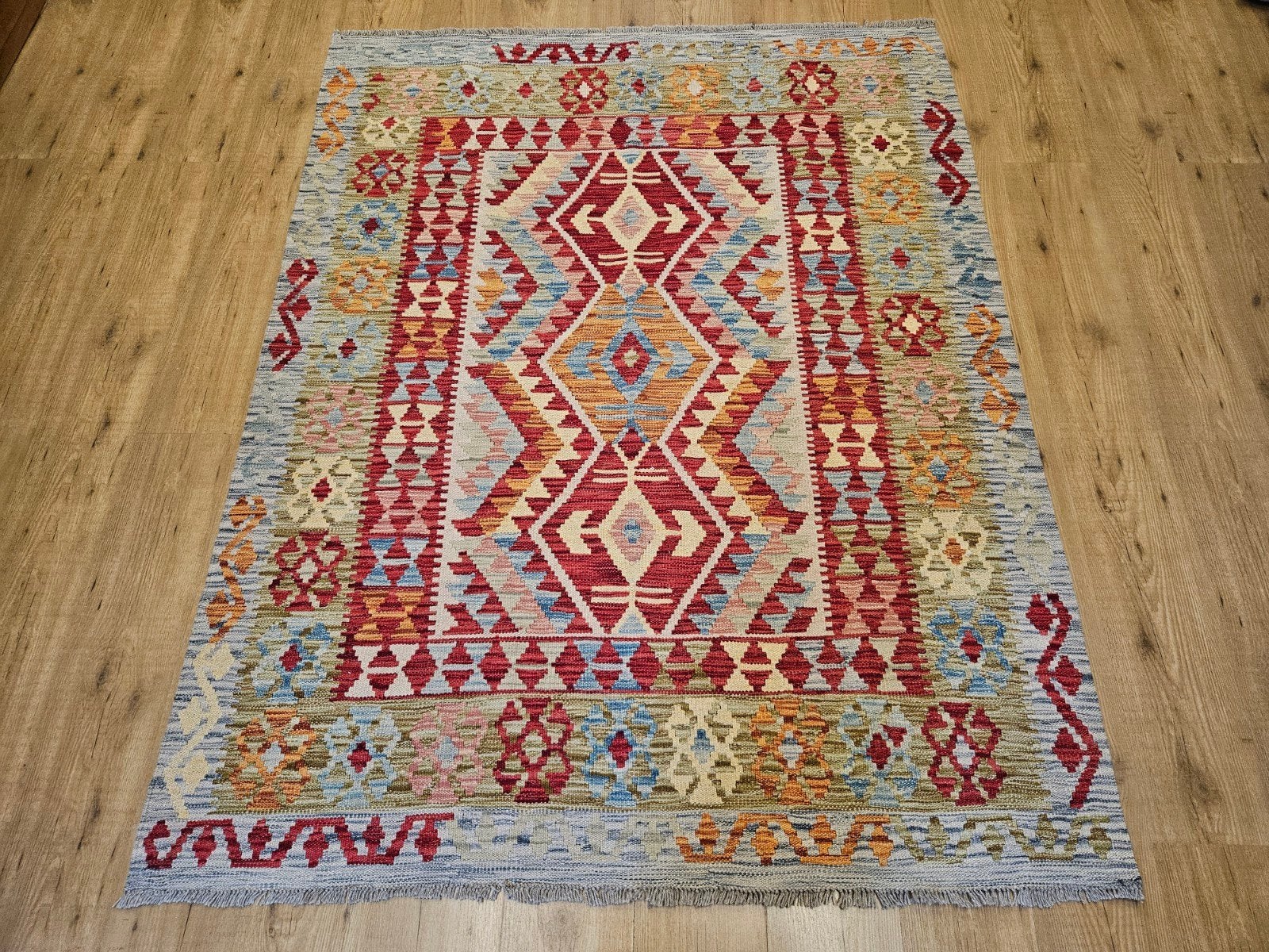 handgeweven oosterse wollen kelim 190x150, Info@SlatsAntiek.nl, Crème, 100 tot 150 cm, Vof Slats Antiek