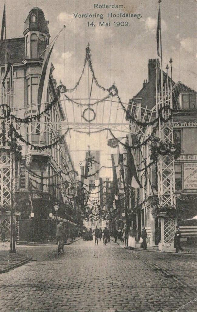 1909 ROTTERDAM Hoofdsteeg Versiering geboorte Juliana, Ophalen of Verzenden, Voor 1920, Gelopen, Zuid-Holland