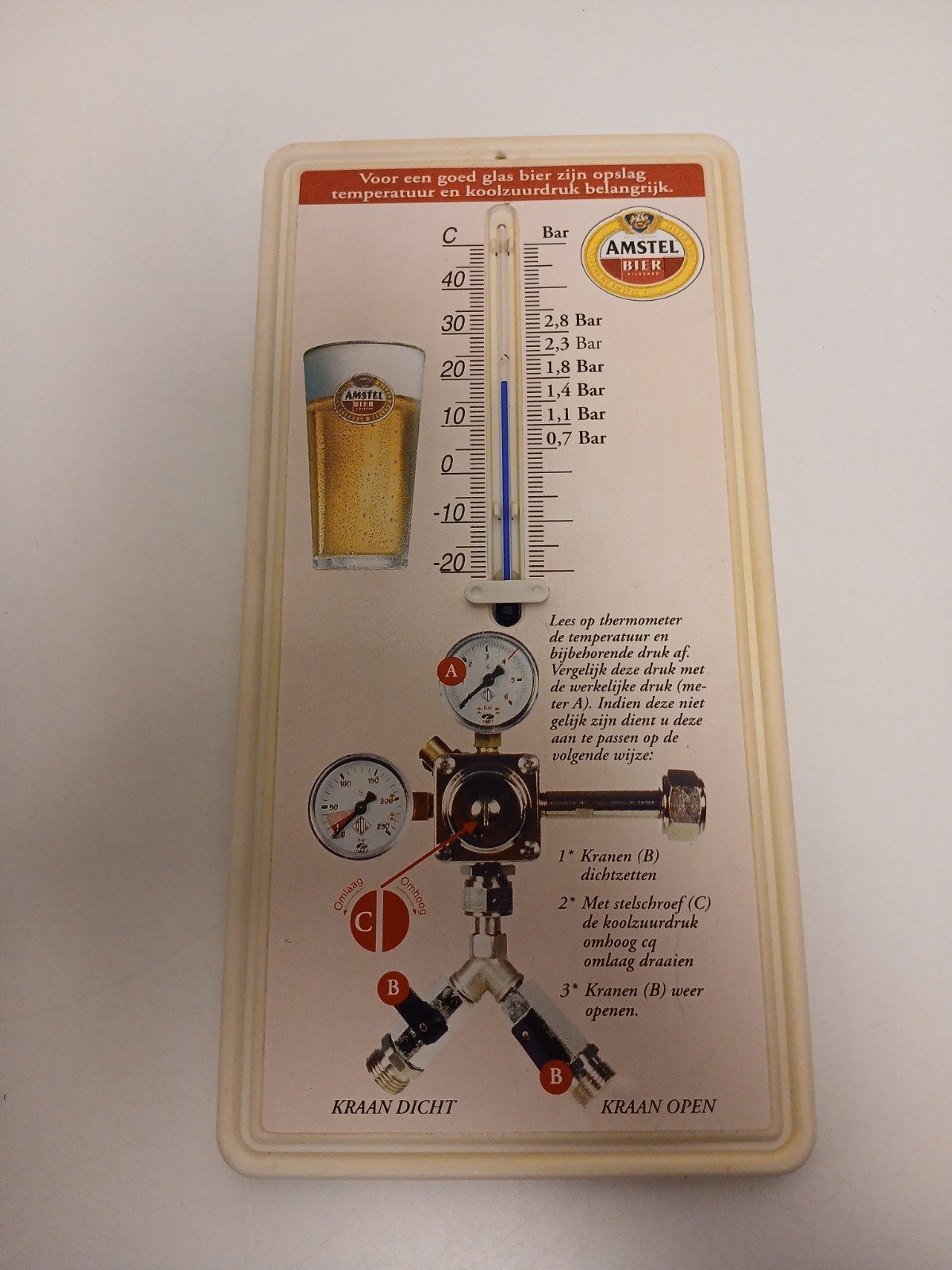 Vintage Amstel thermometer instructie bord aansluiten tap, Ophalen of Verzenden, Zo goed als nieuw, Reclamebord, Plaat of Schild