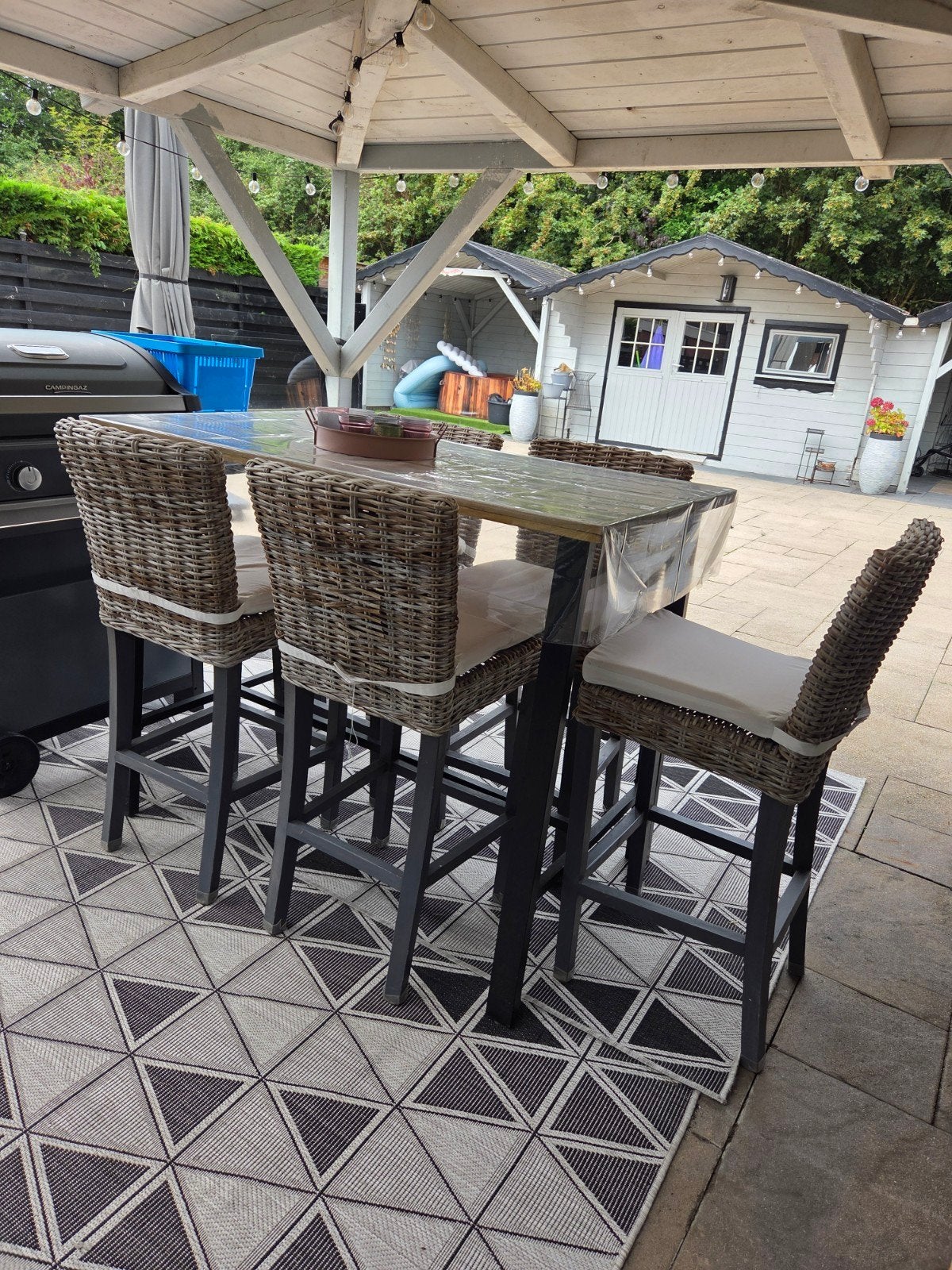 Bartafel met 5 stoelen - Tuinset, Ophalen, Gebruikt, Rechthoekig, Hout